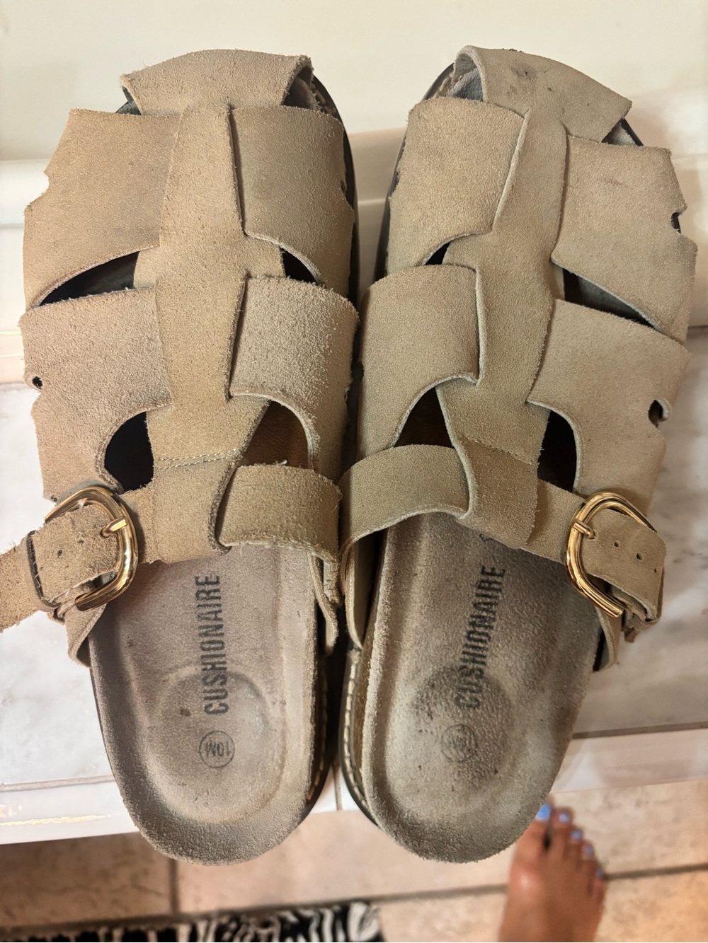 Cushionaire Women’s Taupe Suede Buckle Slide Mules